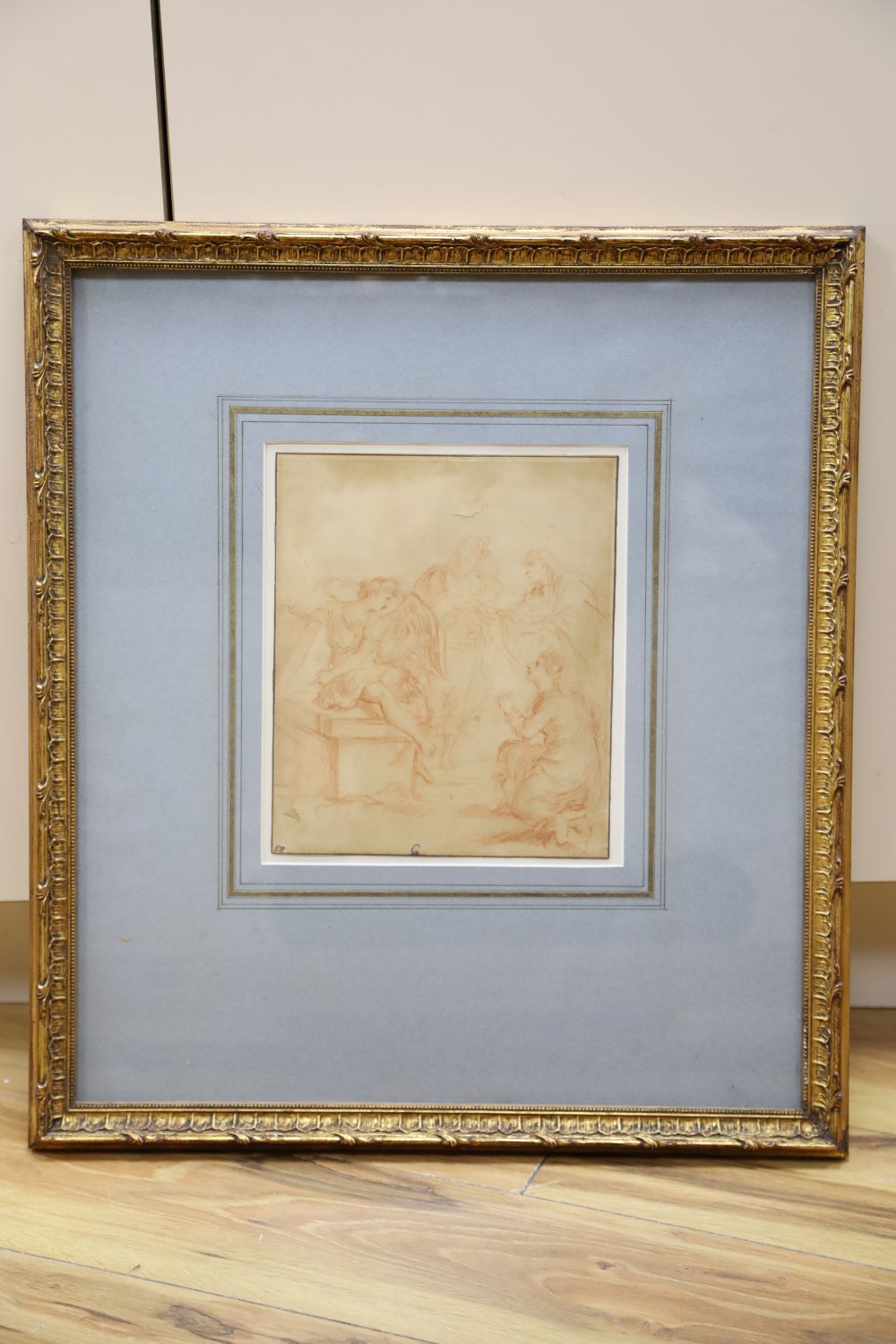 Old Master, sanguine chalk on buff coloured paper, Angel emerging from a tomb with onlooking figures, initialled EP in ink, 24.5 x 20.5
